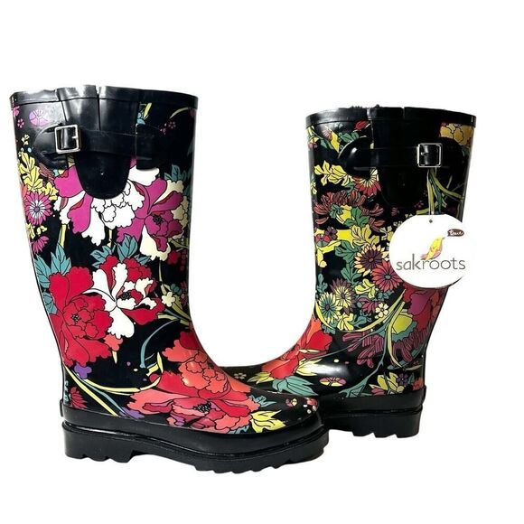 Sakroots Artist Circle Tall Flower Power Rubber Rain Boots Women’s Size 7 NWT - Picture 1 of 10